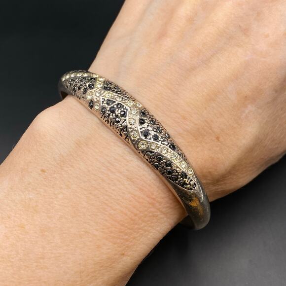 Art Deco Marcasite Crystal Cuff Bangle Bracelet Pave Silver Tone - Picture 1 of 9